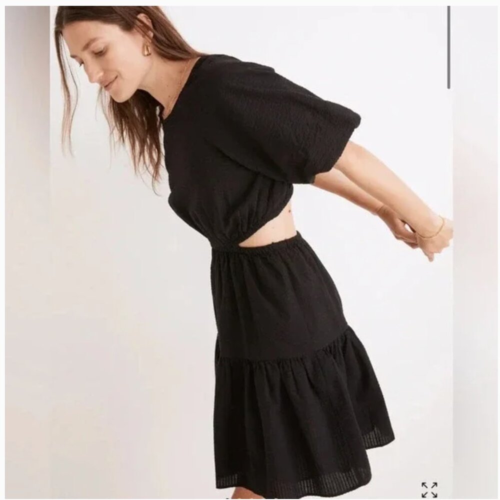 Madewell Seersucker Puff-Sleeve Cutout Mini Dress Black Women's XS NF870 - Picture 3 of 16